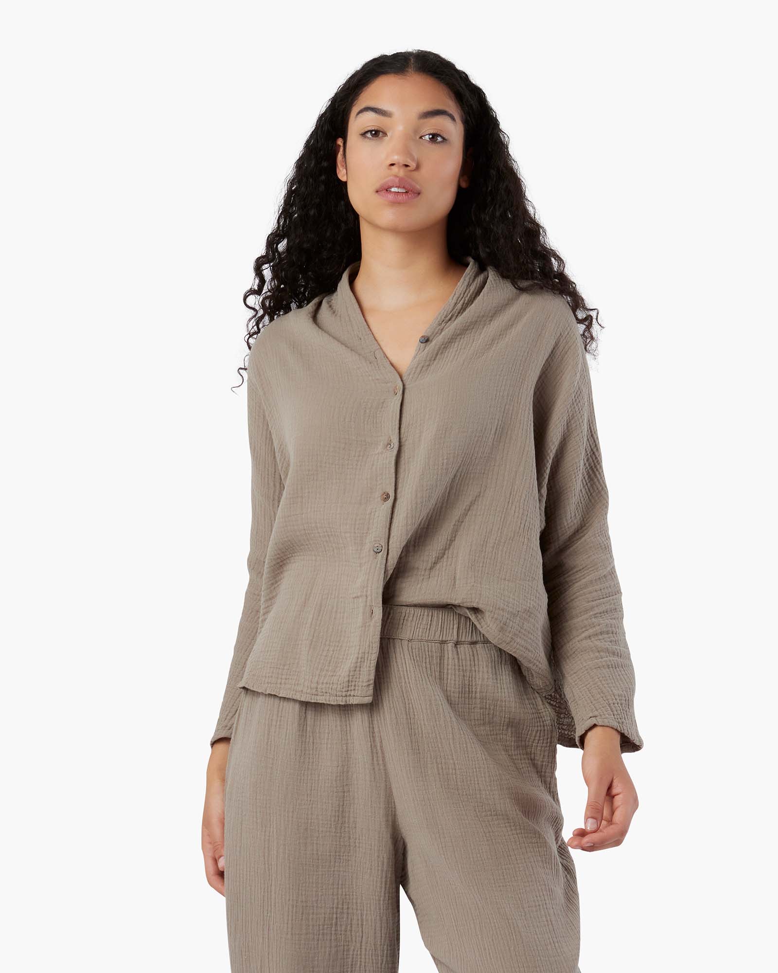 Gauze Button Up Blouse - Putty - Image 2